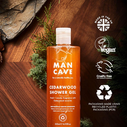 Mancave Men's Ultra-Premium Shower Gel Fragrance Gift Set, 4 x 500ml Natural Sulphate Free Shower Gels: Wild Mint, Lemon &amp; Oak, Cedarwood and Sea Salt fragrances, Vegan Friendly, Packaging May Vary
