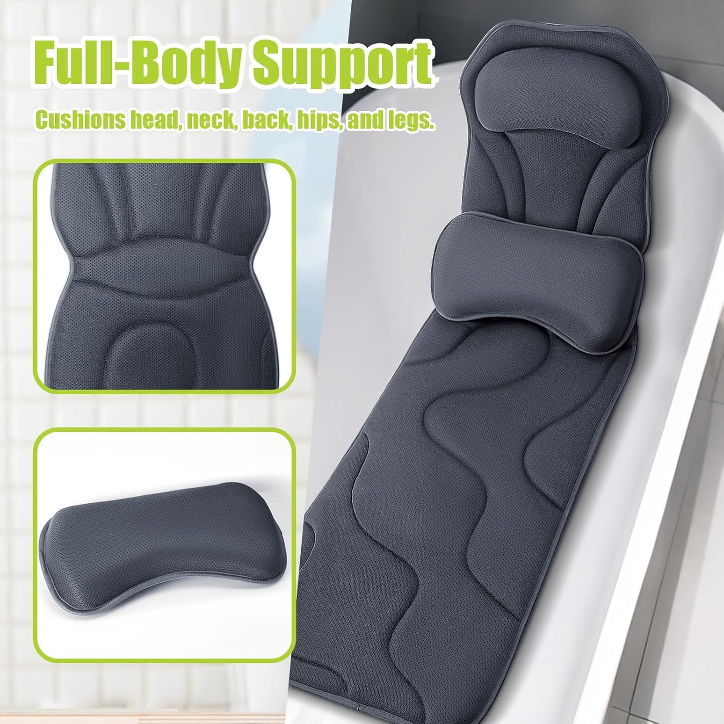 Full Body Bath Pillow for Tub, Bathtub Pillow with Removable Lumbar Pillow, 3D Air Mesh Spa Bath Cushion, 168 Suction Cups, Tub Pillow for Head, Neck, Back and Legs Support, Bathtub Accessories