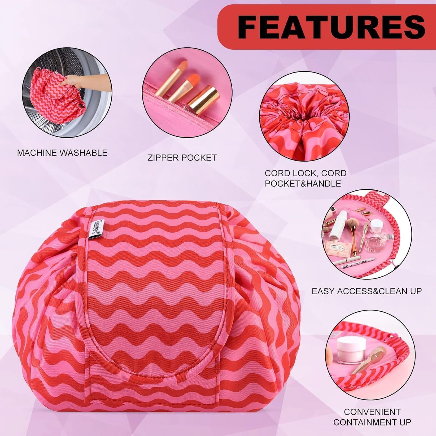 Lazy Drawstring Makeup Bags, Large Capacity Waterproof Travel Portable Cosmetic Bag Pouch Makeup Pouch Storage Organiser for Women Girl (Red Wave)