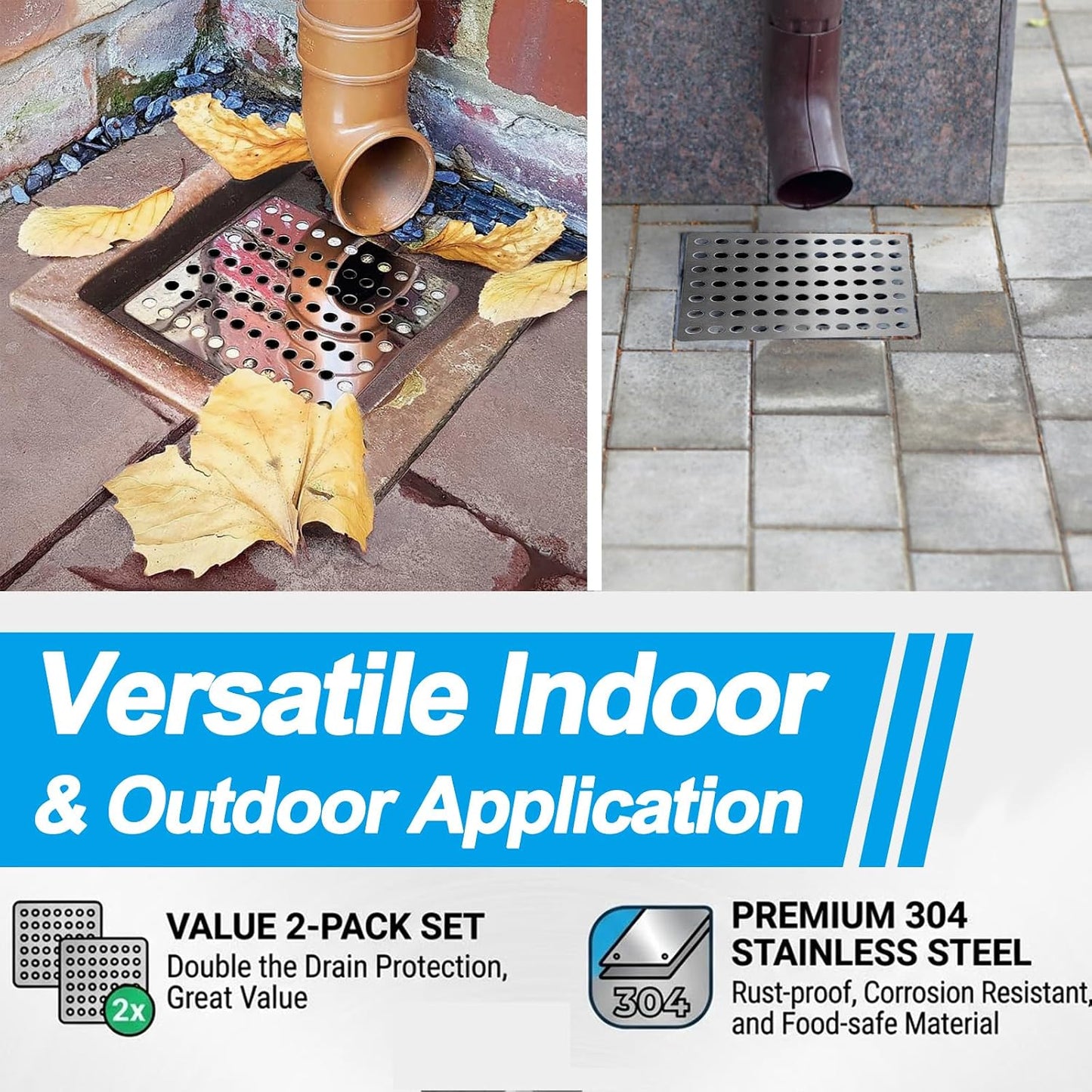 2 Pack Stainless Steel Drain Cover – 15x15cm Square Outdoor Drain Cover with 0.7cm Mesh Holes, Rustproof Drain Guard for Leaves &amp; Debris, Grid Covers for Outside Drains, Garden &amp; Shower Drainage