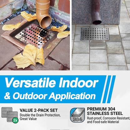 2 Pack Stainless Steel Drain Cover – 15x15cm Square Outdoor Drain Cover with 0.7cm Mesh Holes, Rustproof Drain Guard for Leaves &amp; Debris, Grid Covers for Outside Drains, Garden &amp; Shower Drainage