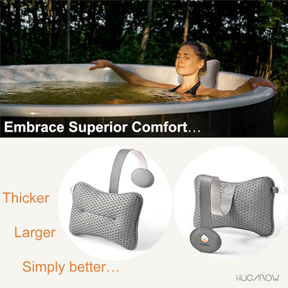 2-Pack Large Pillow for Hot Tub (Grey), Spa, and Chaise Lounge - Universal Headrest &amp; Neck Support Cushion, Adjustable Height with Long Strap, Easy Drying with Hook (2-Pack)