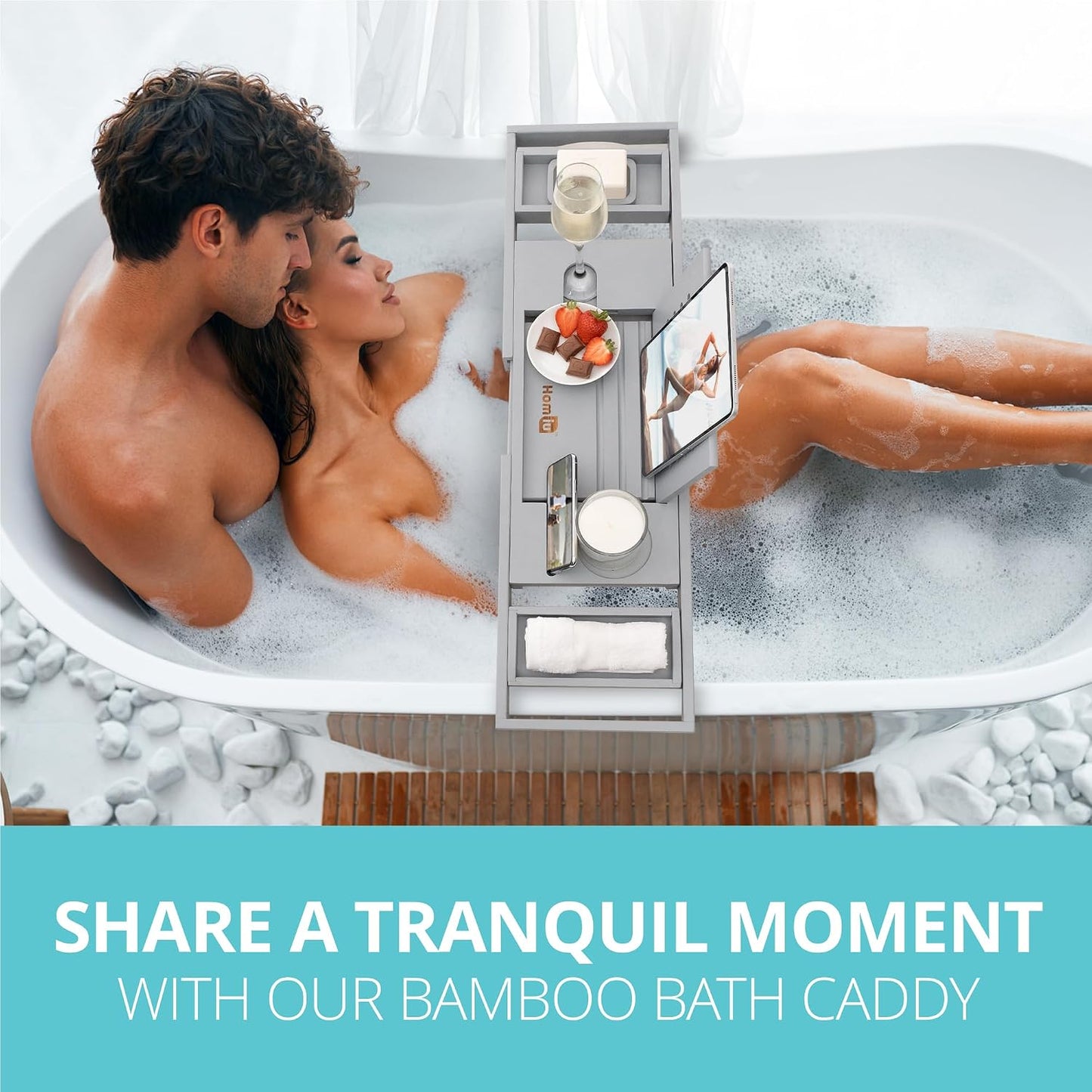 Homiu Bamboo Bath Tray - Extendable Bath Caddy - Natural Wooden Bathtub Tray with Candle, Wine Glass, Book Rest, iPad &amp; Phone Holder Stand - Luxury Bathtub Accessories - Bath Accessories (Grey)
