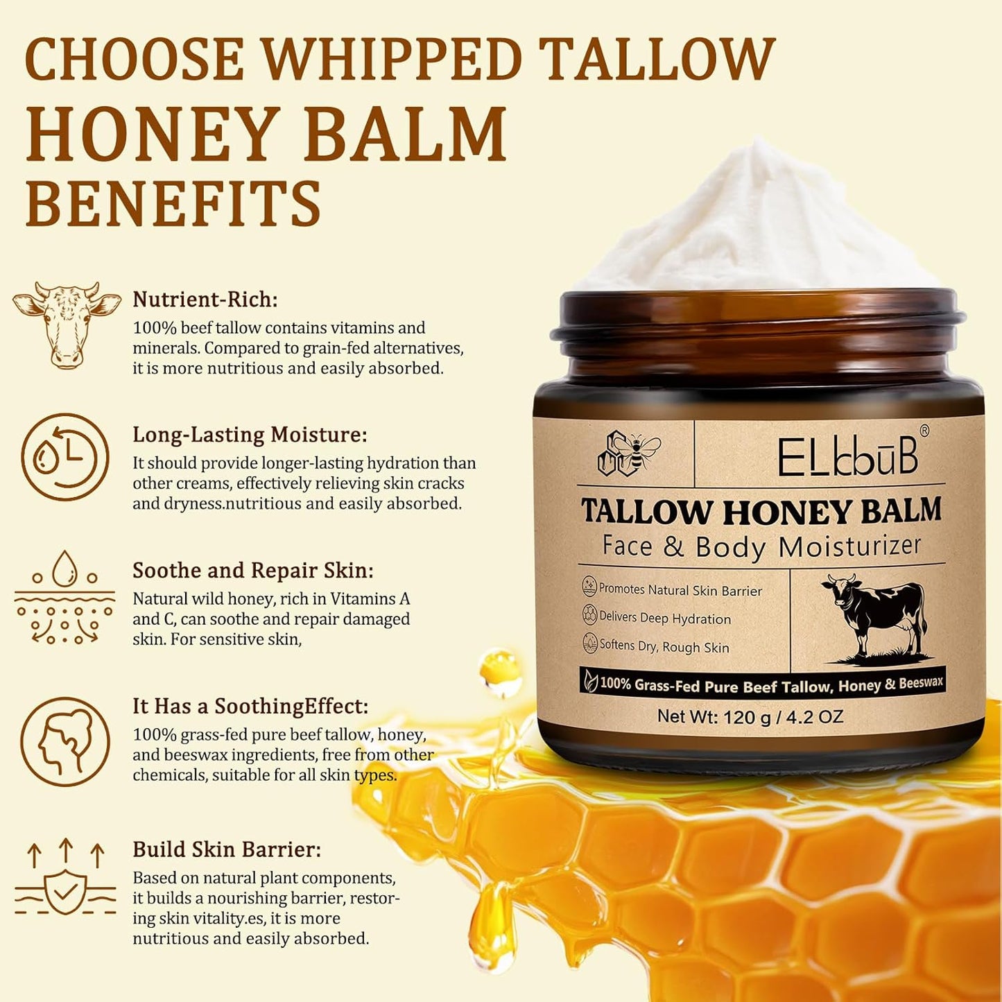Whipped Tallow Cream for Face &amp; Body - 100% Grass-Fed Beef Tallow, Natural Honey &amp; Beeswax Moisturizer, Deep Hydration &amp; Nourishment, Oil-Free &amp; Unscented, Fast Absorbing