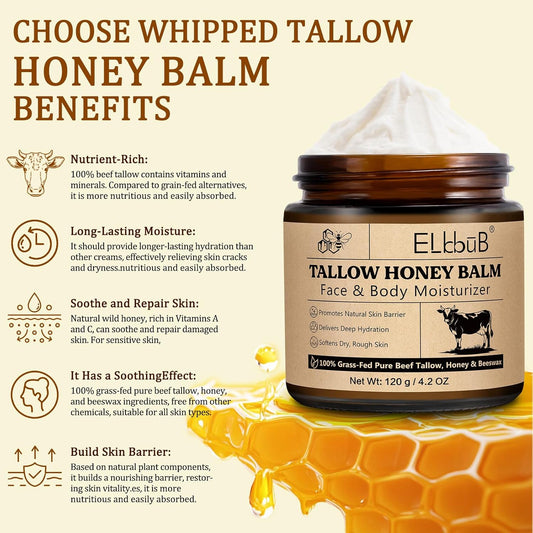 Whipped Tallow Cream for Face &amp; Body - 100% Grass-Fed Beef Tallow, Natural Honey &amp; Beeswax Moisturizer, Deep Hydration &amp; Nourishment, Oil-Free &amp; Unscented, Fast Absorbing