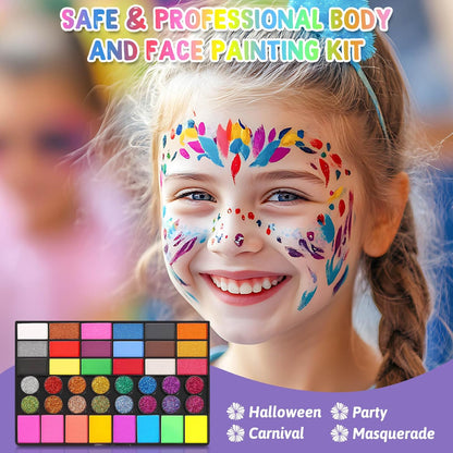 Face Painting Kit for Kids with Stencils, 42 Colors Non Toxic Face Paint with 16 Face Paint Crayons, 6 Reusable Face Painting Stencils, 40 Sticky Stencils for Kids Party and Halloween