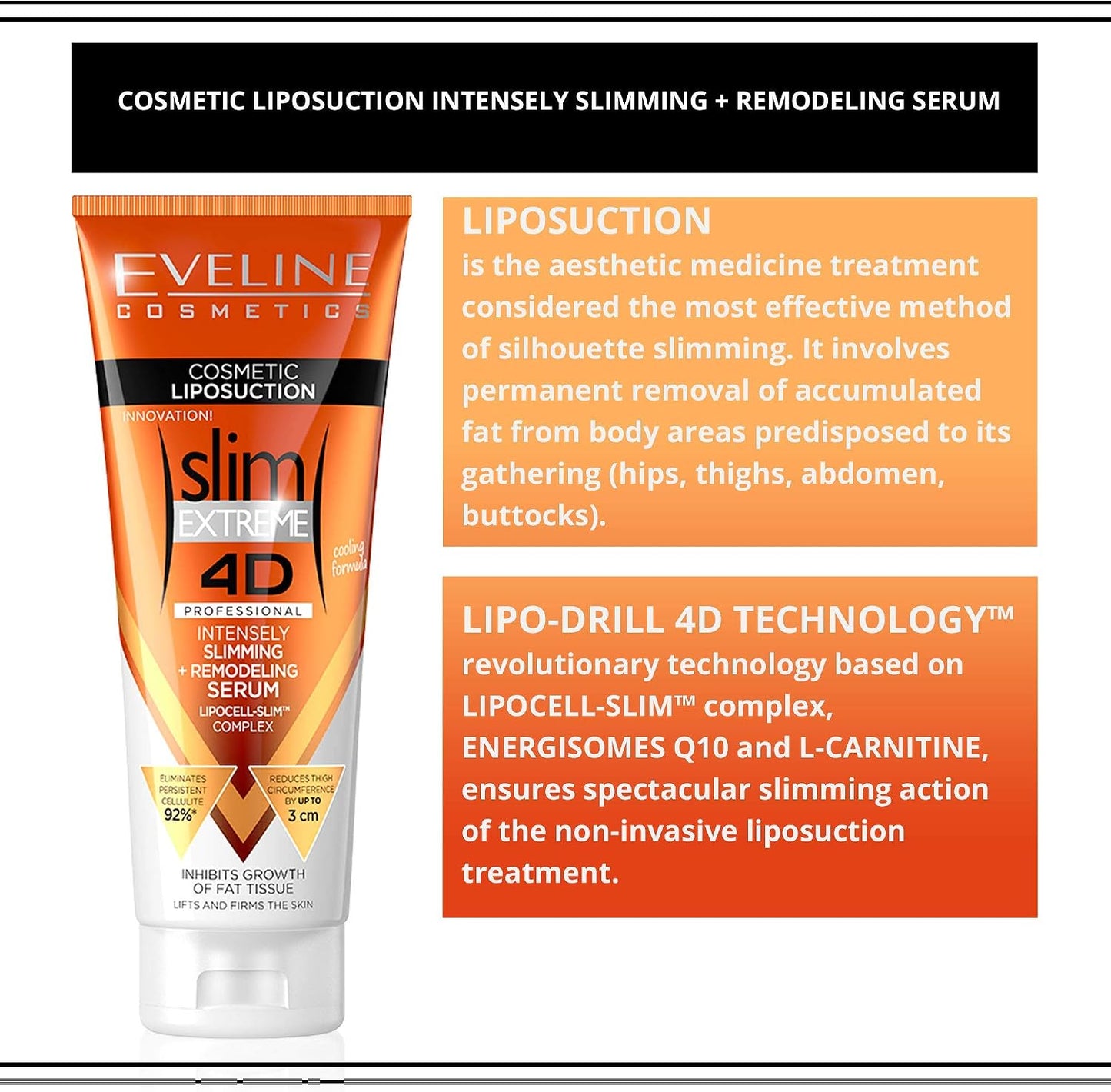 Eveline Cosmetics Slim Extreme 4D Liposuction Serum - Intensive Slimming &amp; Reshaping Serum with Lipocell-Slim™, Isocell Slim, L-Carnitine, Q10, and Ginkgo Extract - 250 ml