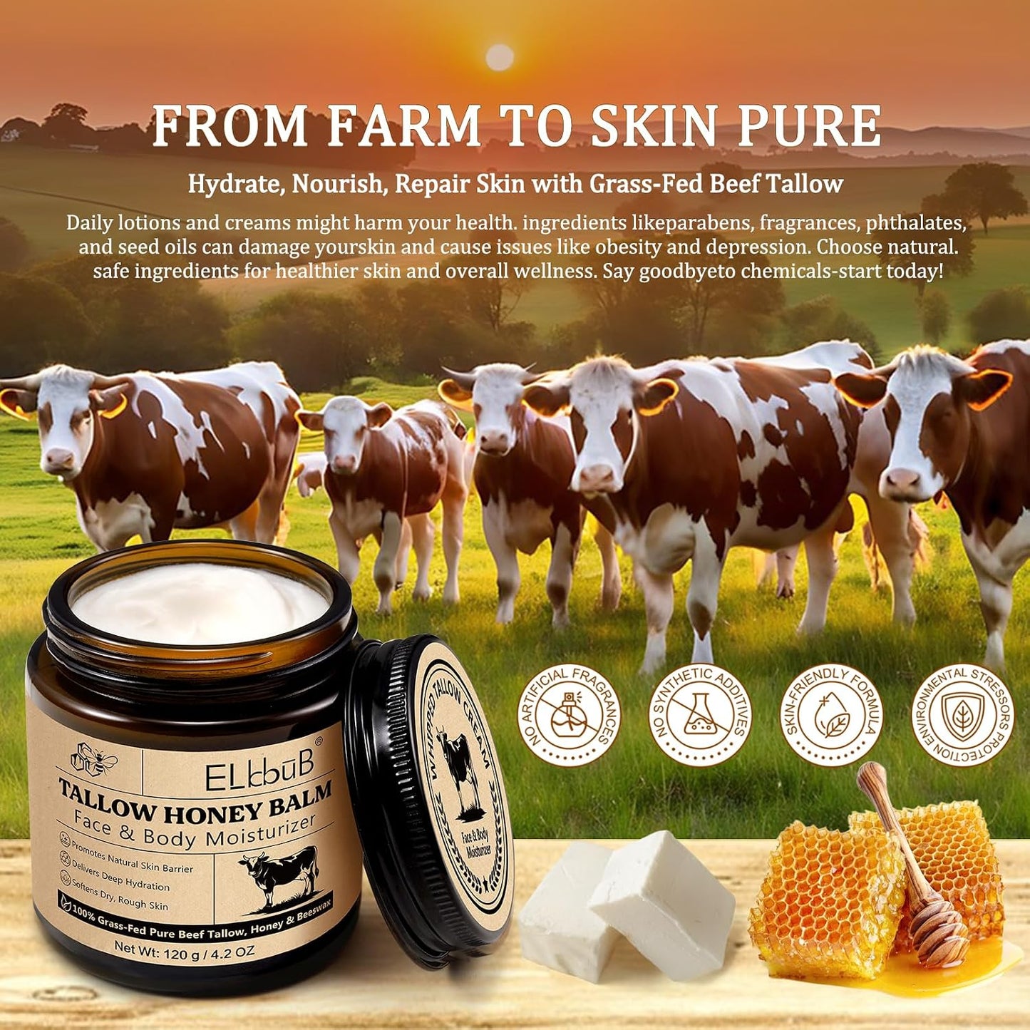 Whipped Tallow Cream for Face &amp; Body - 100% Grass-Fed Beef Tallow, Natural Honey &amp; Beeswax Moisturizer, Deep Hydration &amp; Nourishment, Oil-Free &amp; Unscented, Fast Absorbing