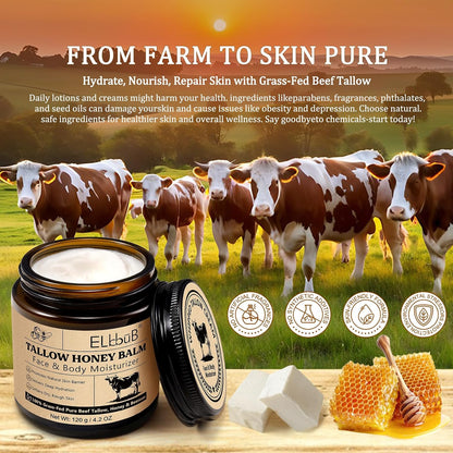 Whipped Tallow Cream for Face &amp; Body - 100% Grass-Fed Beef Tallow, Natural Honey &amp; Beeswax Moisturizer, Deep Hydration &amp; Nourishment, Oil-Free &amp; Unscented, Fast Absorbing