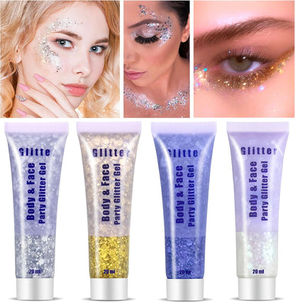 Body Glitter Gel,4pcs Face Glitter Hair Glitter Gel Set Festival Accessories for Body,Hair DIY Art Party Makeup Decoration