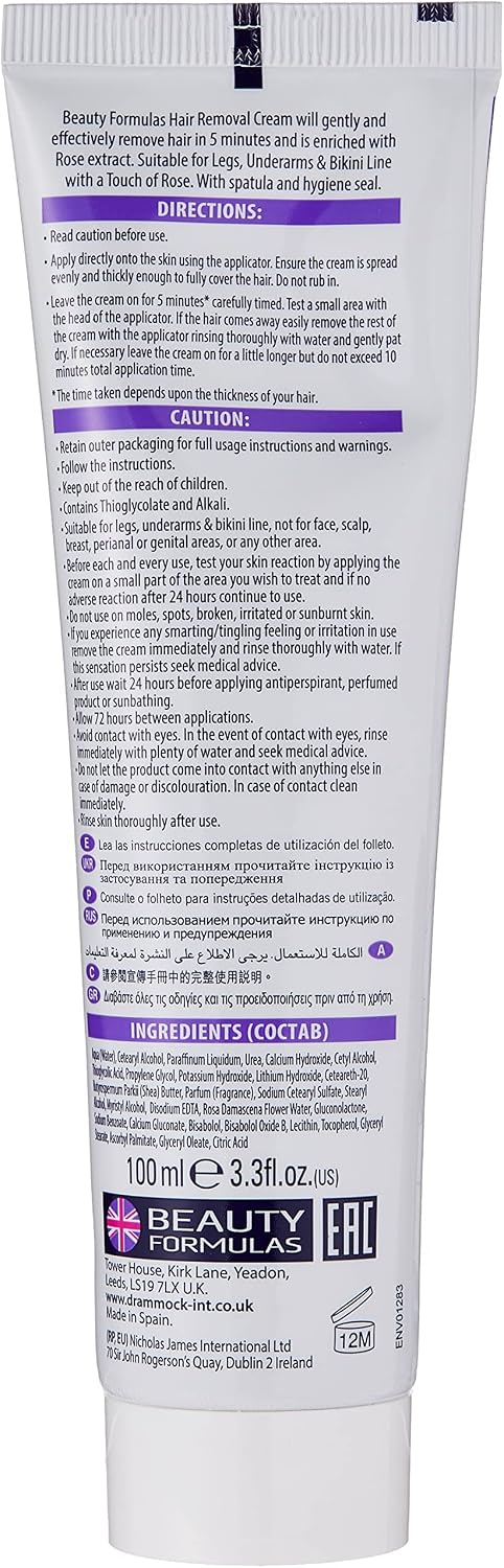 Beauty Formulas Hair Removal Cream, Touch of Rose, Gentle &amp; Effective for Legs, Underarms, Bikini Line, Long-Lasting Smoothness