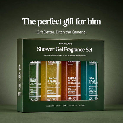 Mancave Men's Ultra-Premium Shower Gel Fragrance Gift Set, 4 x 500ml Natural Sulphate Free Shower Gels: Wild Mint, Lemon &amp; Oak, Cedarwood and Sea Salt fragrances, Vegan Friendly, Packaging May Vary