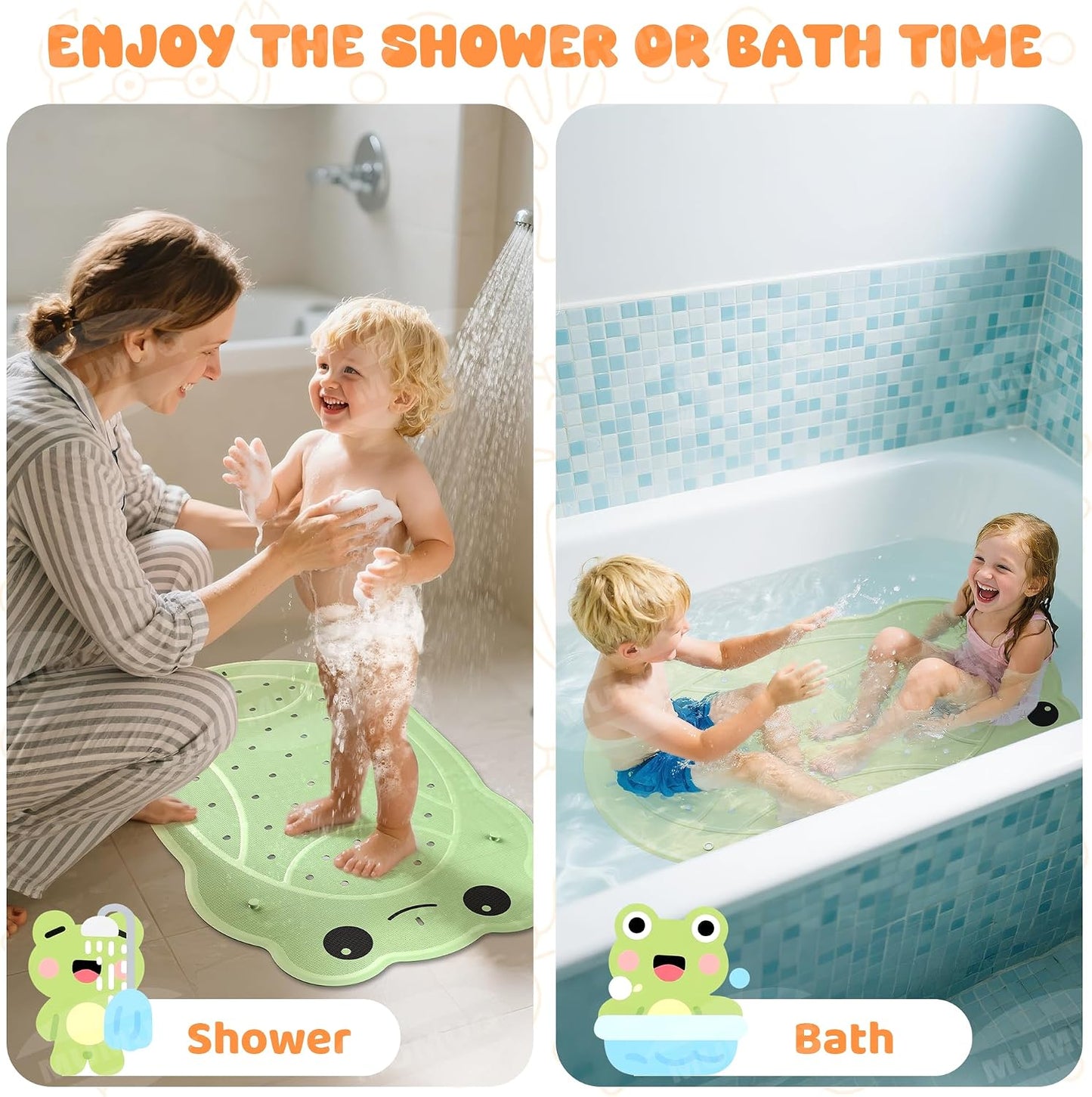Baby Bath Mat Non Slip Anti Mould Rubber Shower Mat for Toddler and Kids Bath Mats for Tub Cartoon Frog Bathroom Mats with Suction Cups and Drain Holes 76 x 45 cm, Green