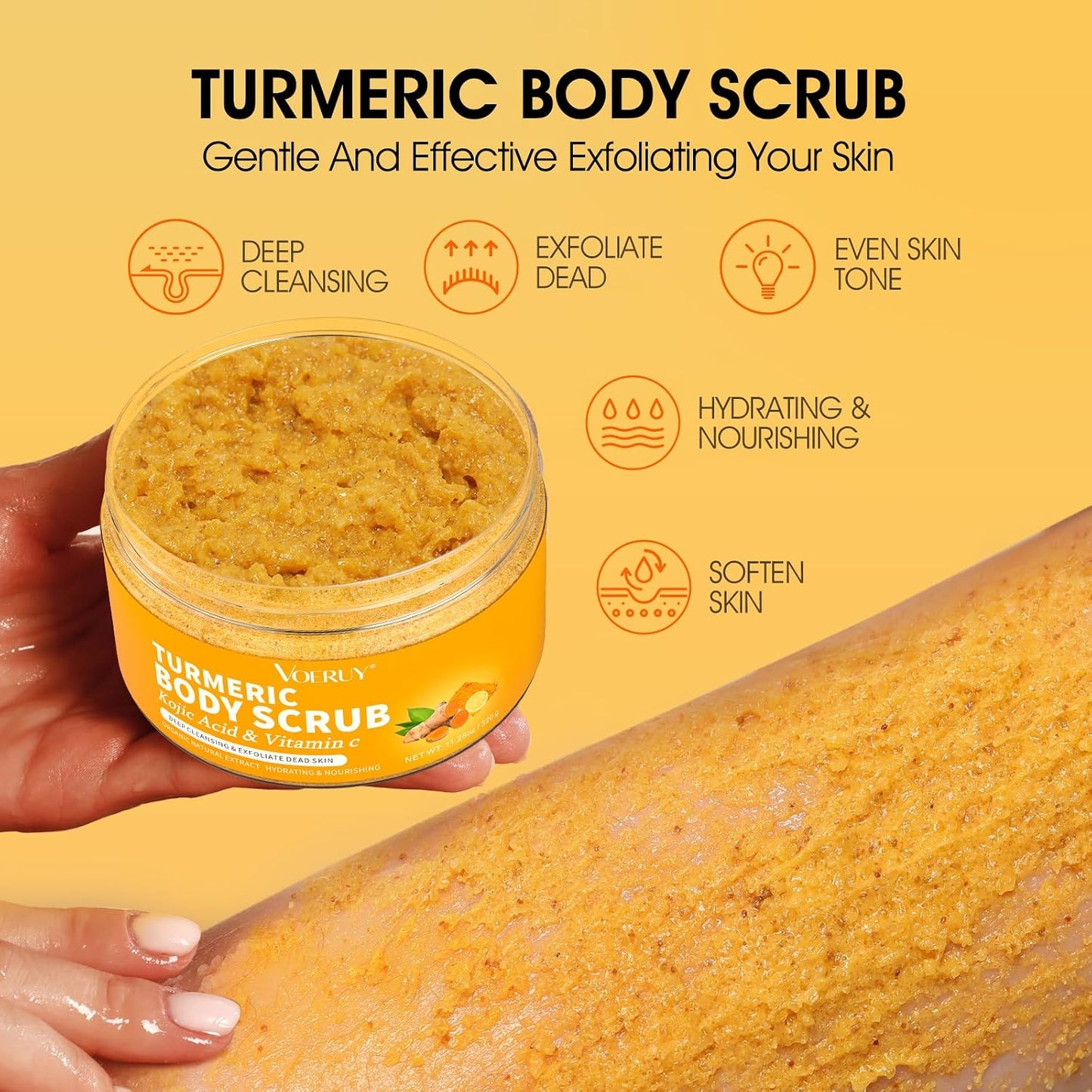 Body Scrub,Turmeric Exfoliating Body Scrub, with Coconut Oil &amp; Vitamin C, Gently Exfoliate Body Hand and Foot Scrub, Natural Deep Cleansing,Moisturized Skin for Women and Men, 11.28oz/320g