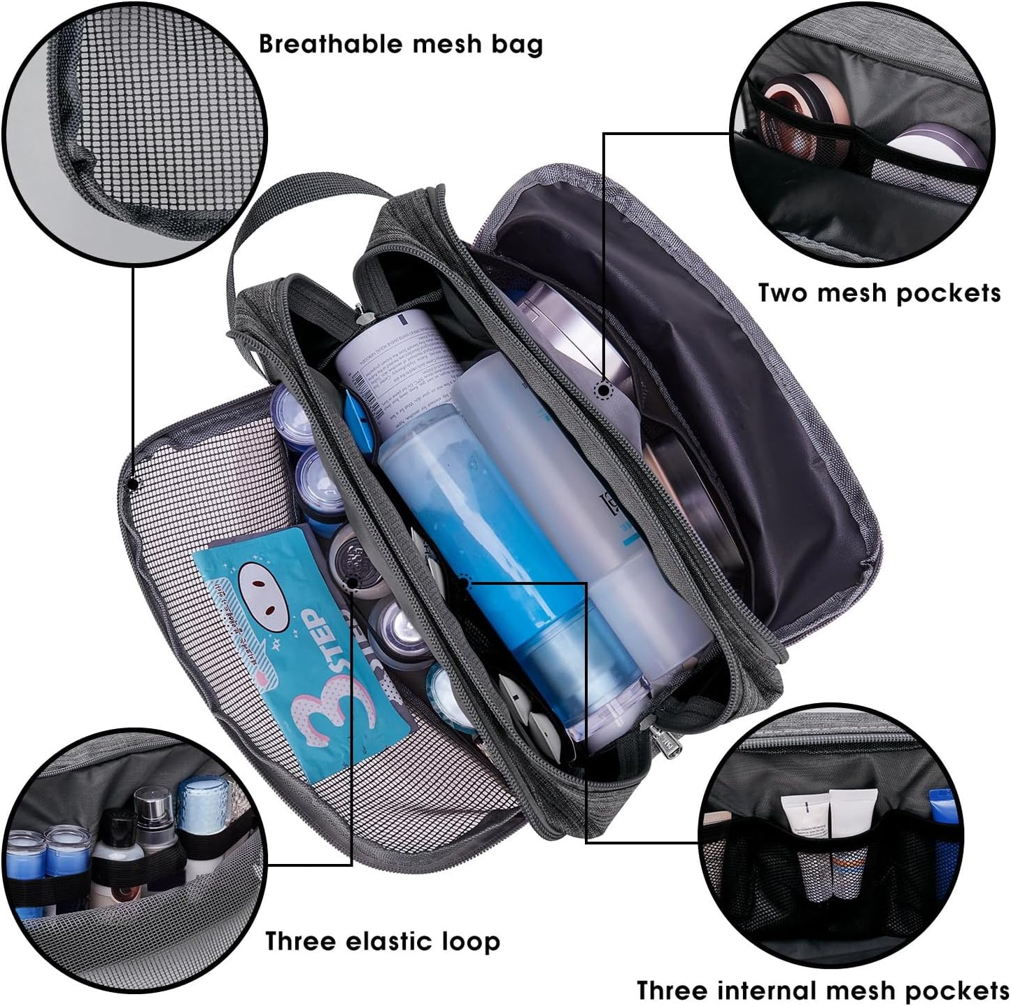 WANDF Toiletry Bag Water-Resistant Nylon Travel Wash Bag Lightweight Dopp Kit for Men and Women (A-Denim Grey)