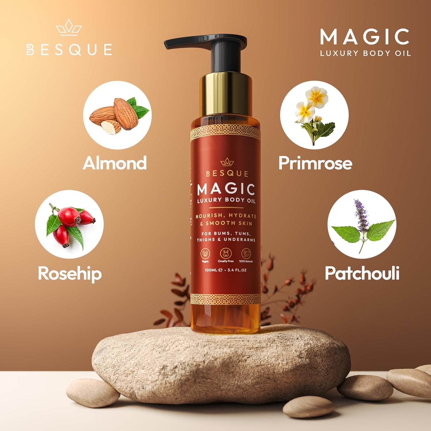 Besque Magic Body Oil, 100ml, After Shower Body Oil For Women, Hydrating Skin Care For Full Body That Plumps, Tightens, and Firms Skin With Natural Ingredients, Made In UK