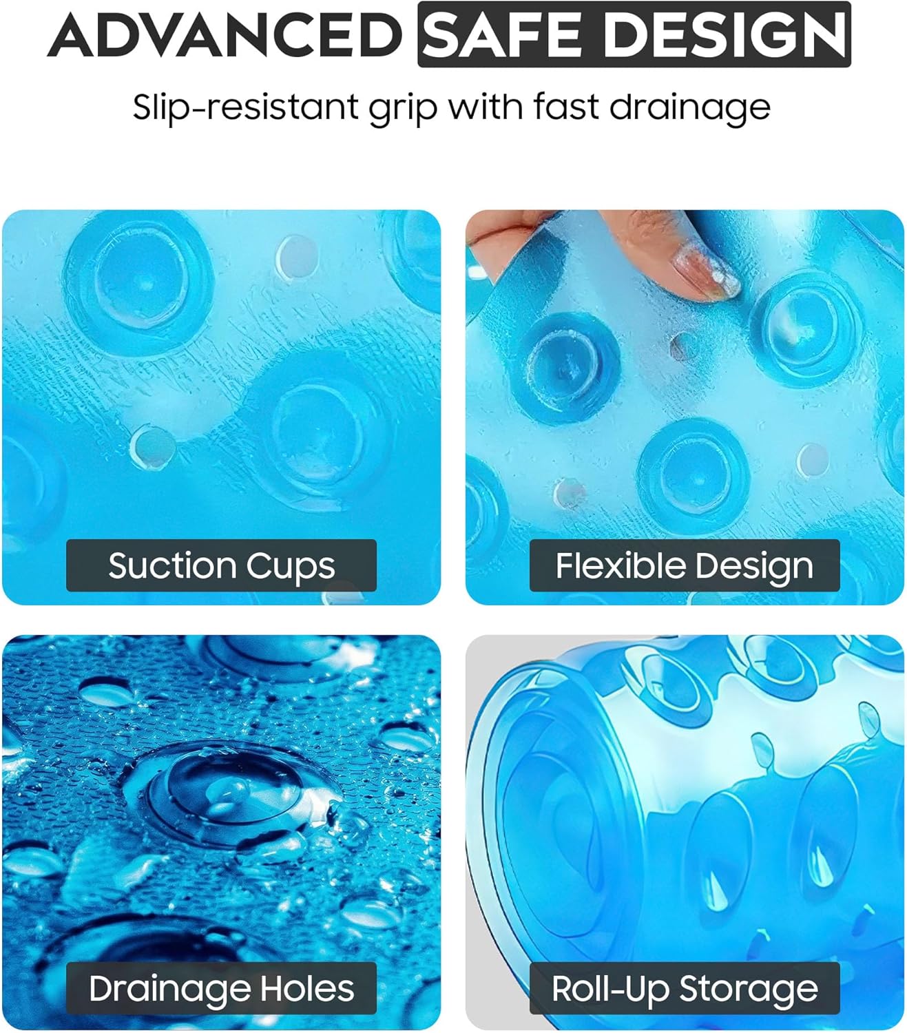 ADOV Bath Mat Non Slip, 100 x 40 cm Extra Long Shower Mat Anti Mould, Bathroom Bathtub Mats for Tub, 200 Strong Suction Cups and Drain Holes, Mildew Resistant Machine Washable Bathroom Kids Mat