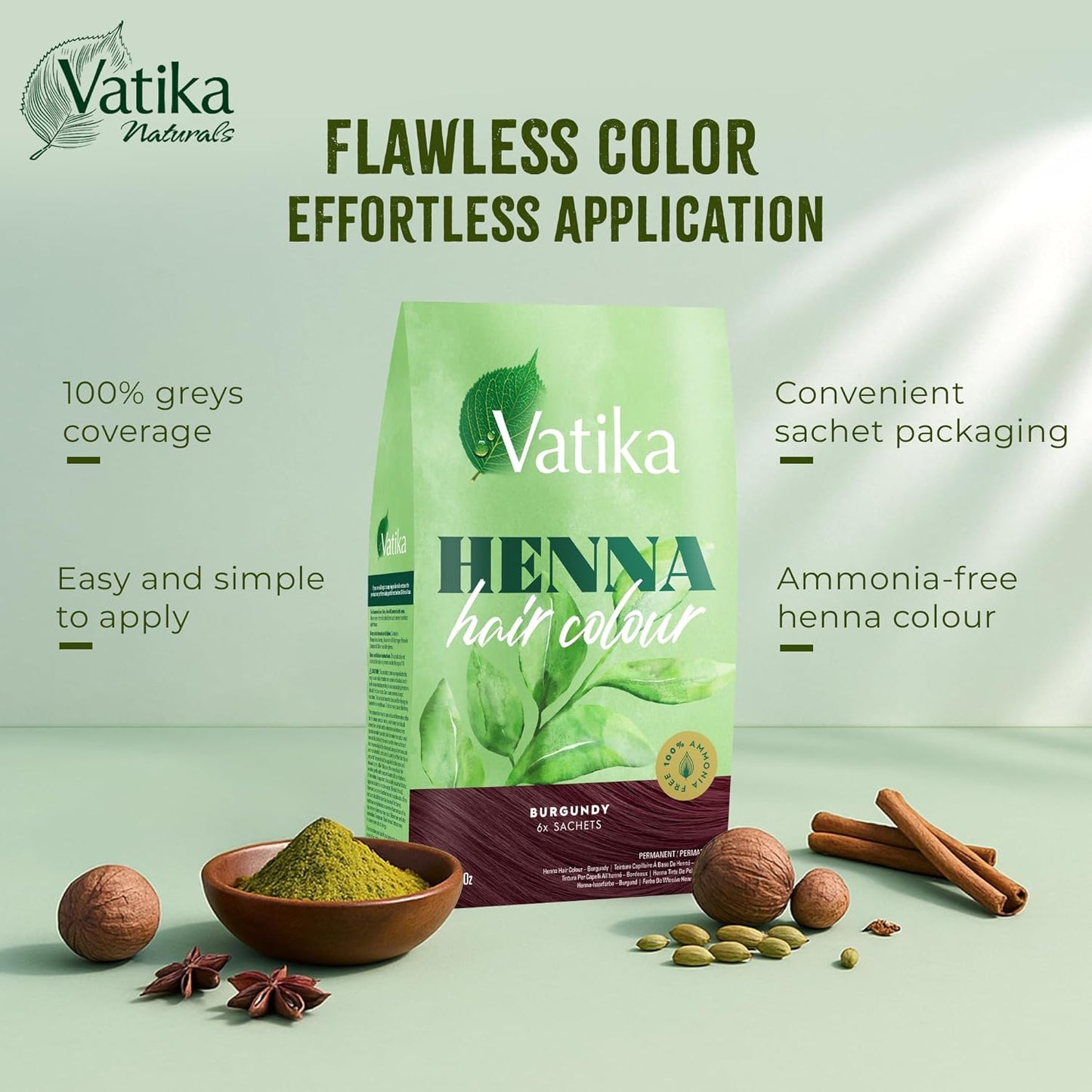 Vatika Naturals Henna Burgundy Hair Colours - 60g (6 x 10g Sachets),100% Ammonia Free, For Vibrant Color, Shine, &amp; Coverage (Packaging May Vary)