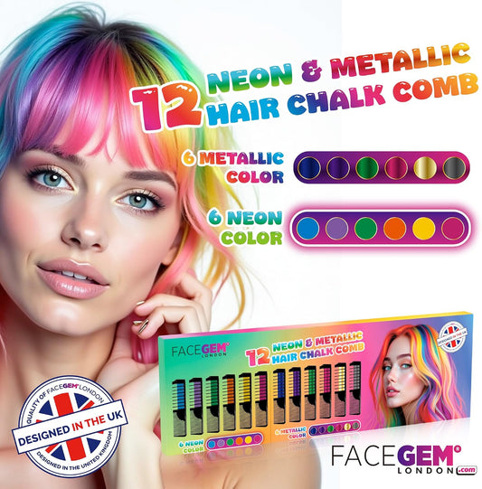 12 Hair chalks comb, 12 NEON &amp; METALLIC hair chalk, Non-Toxic Easy Washable Hair Dye Colourful, METALLIC &amp; NEON hair chalk -Perfect for Festivals, Halloween, Party, hair chalks for girls