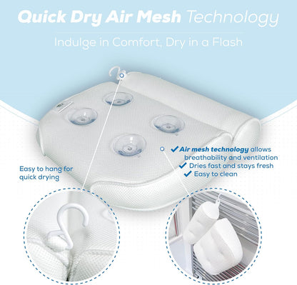 Luxury Bath Pillow Waterproof Air Mesh Bath Cushion with Suction Cups for Head and Neck | Ergonomic Bathtub Pillows Home Spa and Hot Tub Headrest | Bathing Accessories (Single) | White