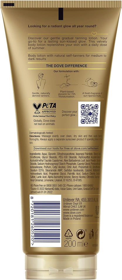 Dove Summer Revived Medium to Dark Gradual Tanning Lotion For a Sun-Kissed Glow Self Tan Body Lotion Tanning Lotion For All Skin Types, 200 ml (Pack of 1)