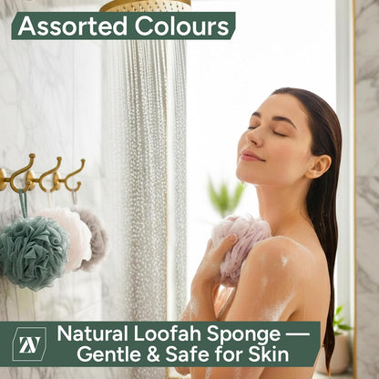 Zuvo Loofah Bath Sponge (Pack of 4) – Soft &amp; Durable Shower Puffs for Deep Exfoliation – Unisex Body Scrubber, Eco-Friendly and Skin-Safe, Assorted Colours