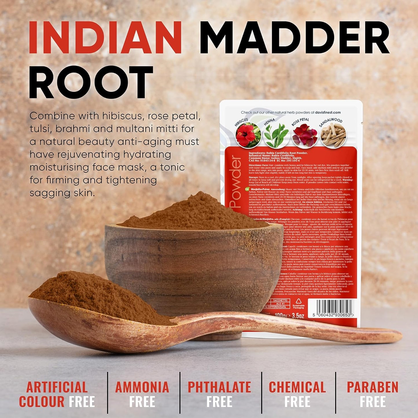 Davis Finest - Manjistha Powder 250g, Rubia Cordifolia Indian Madder Root - Red Hair Dye, Semi-Permanent Conditioning Hair Colour - Skin &amp; Cosmetics – Ayurvedic, Organic Face Mask &amp; Skin Care