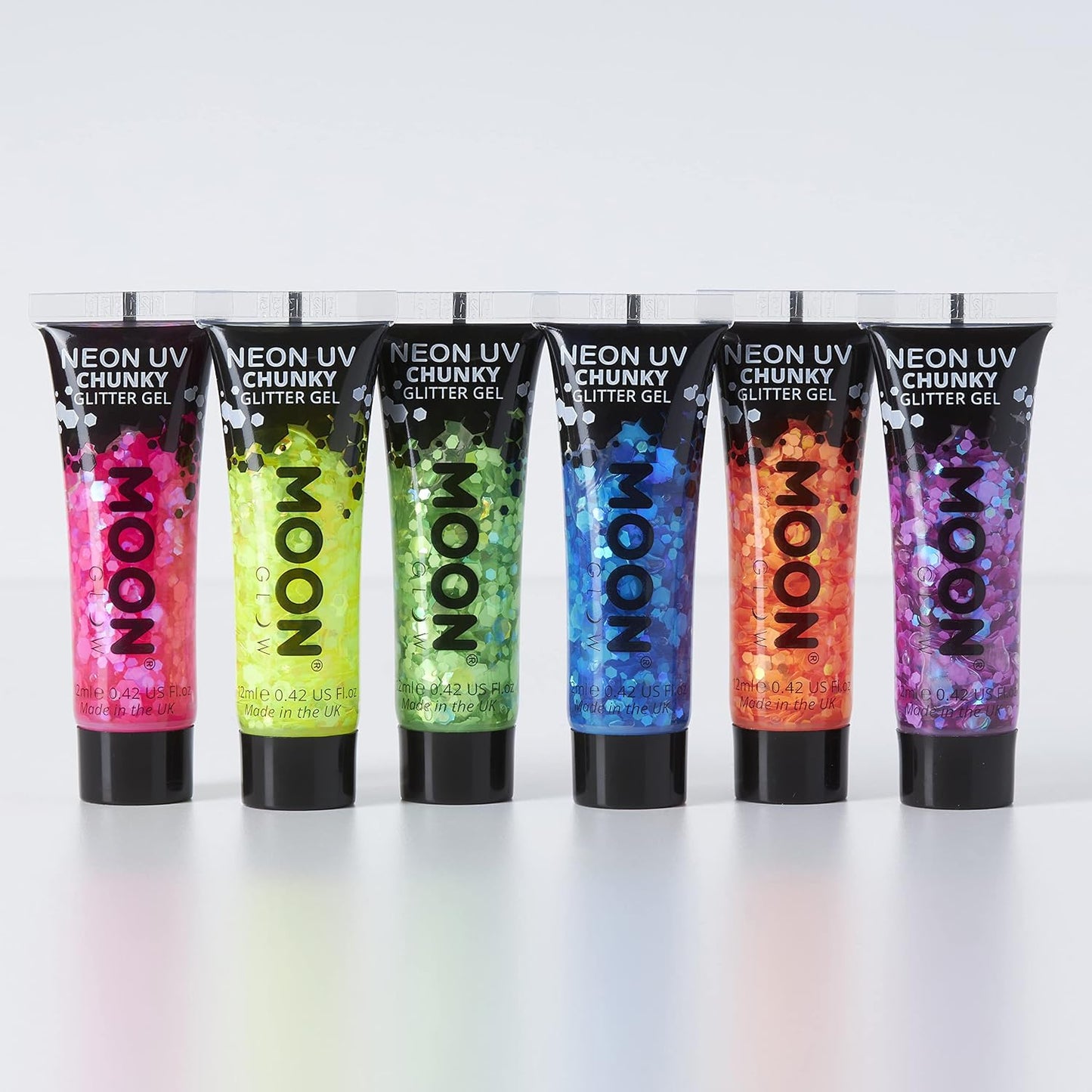 Moon Glow - Neon UV Face &amp; Body Chunky Glitter Gel - 12ml (Set of 6)