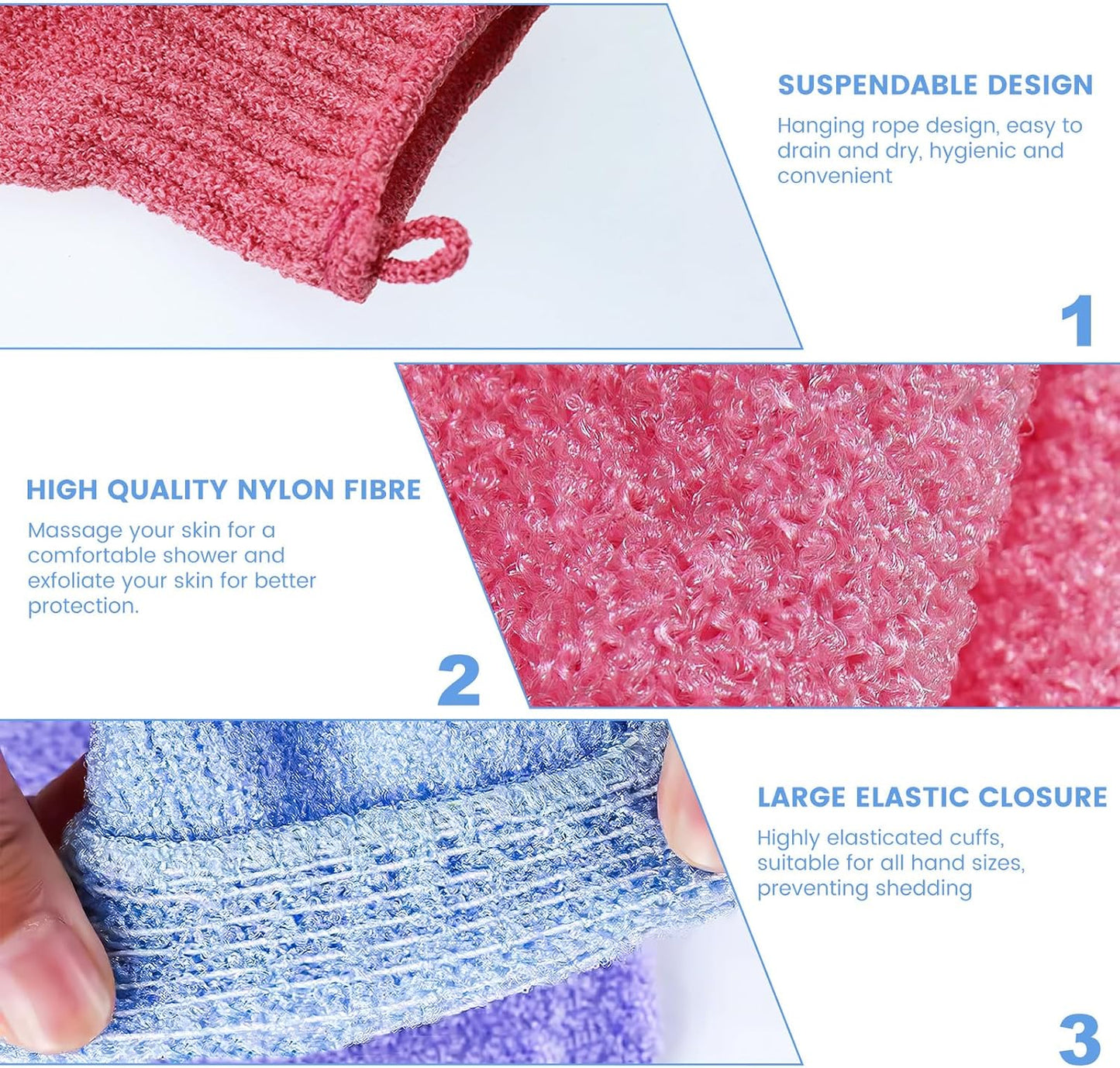 6Pcs Exfoliating Gloves - Bamboo Shower Gloves - Bath and Body Exfoliator Mitts - Scrubs Away Ingrown Hair and Dead Skin - for Shower, Spa and Massage Cell Remover Loofah - White, Red, Blue