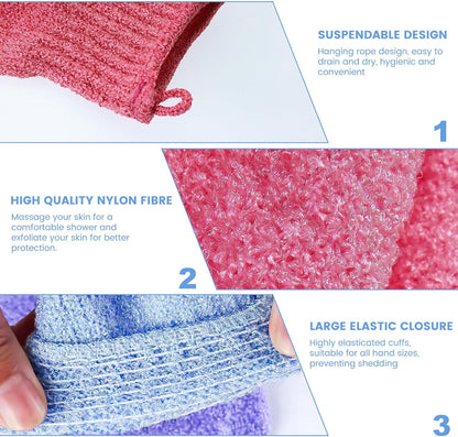 6Pcs Exfoliating Gloves - Bamboo Shower Gloves - Bath and Body Exfoliator Mitts - Scrubs Away Ingrown Hair and Dead Skin - for Shower, Spa and Massage Cell Remover Loofah - White, Red, Blue