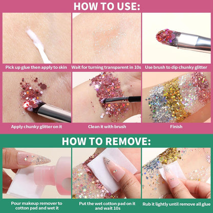 Teenitor Body Glitter with Skin Glue Set, 4 Bottle Face Glitter Makeup &amp; 2 Box Face Gems for Women, Iridescent White Body Glitter Face Glue for Rhinestones for Makeup, Nail Gems with Wax Pencil