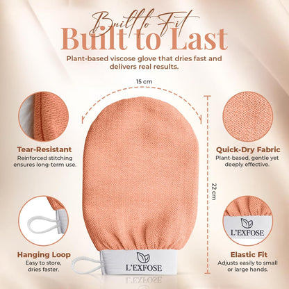 L'Exfose Kessa Hammam Deep Exfoliating Glove 2pc - Korean Exfoliating Mitt for Shower Ideal for Dead Skin Remover, Keratosis Pilaris &amp; Self-Tanning to Improve Skin Tone Made with 100% Natural Viscose