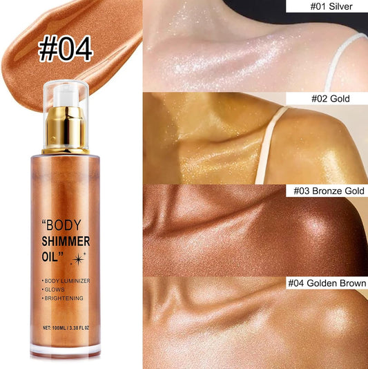 Body Shimmer Oil 100ml, Long Lasting Moisturizing Face &amp; Body Luminizer, Waterproof Liquid Illuminator, Shimmer Glitter Oil Highlighter (Golden Brown)