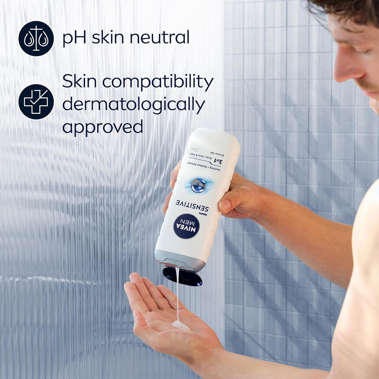 NIVEA MEN Sensitive Shower Gel Pack of 6 (6 x 250 ml), Alcohol-Free Sensitive Skin Body Wash, Gentle Shower Gel Men with Bamboo Extract, Body Wash for Men with Irritated Skin