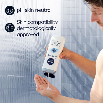 NIVEA MEN Sensitive Shower Gel Pack of 6 (6 x 250 ml), Alcohol-Free Sensitive Skin Body Wash, Gentle Shower Gel Men with Bamboo Extract, Body Wash for Men with Irritated Skin