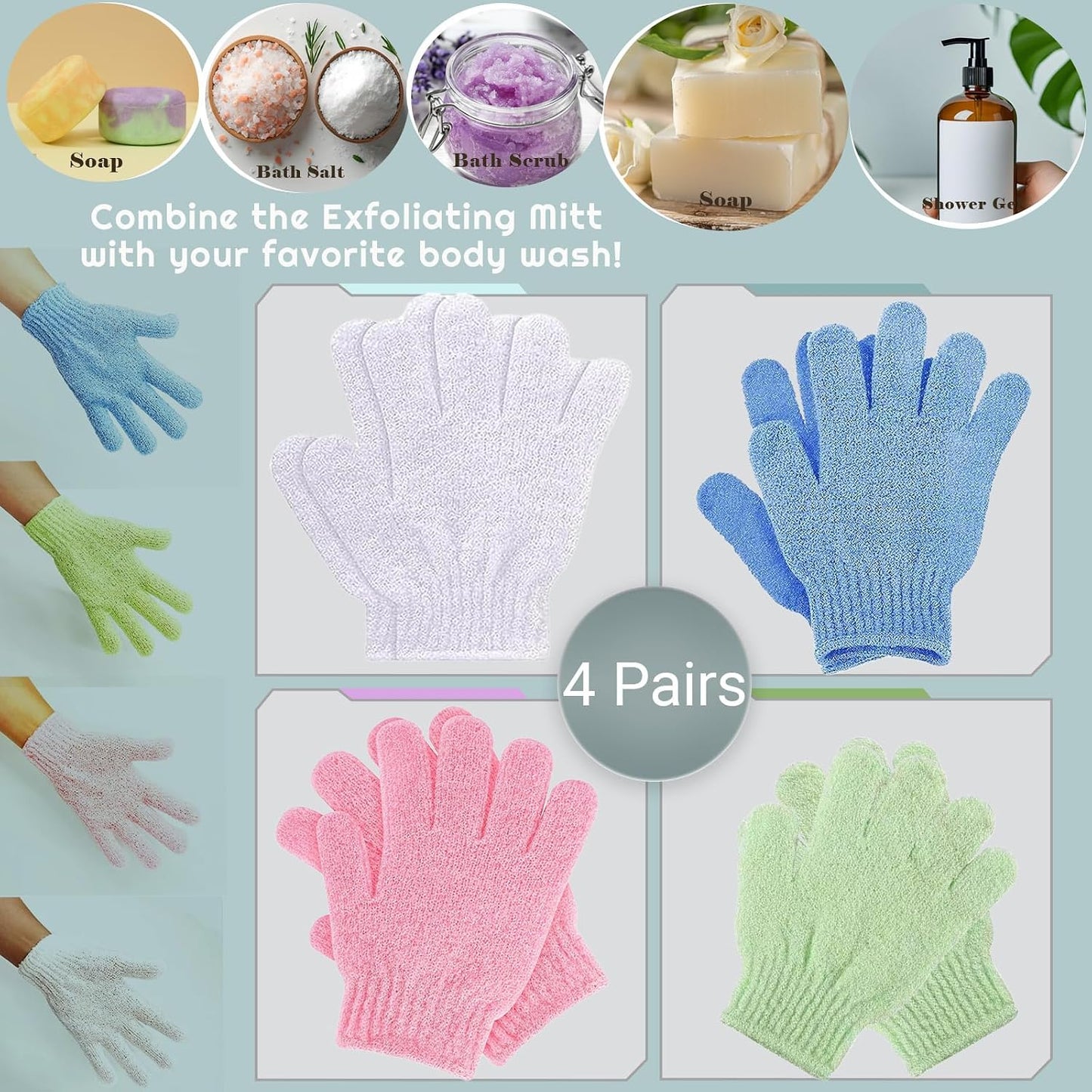 8 Pcs Shower Gloves Exfoliating, Double Sided Deep Clean Body Exfoliator Scrub for Women &amp; Men (4 Pairs) Shower Gloves Bath Sponge Exfoliating Mitt for Shower, Spa, Massage, Dead Skin Cell Remover