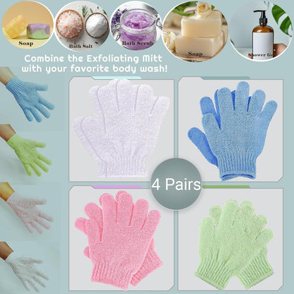 8 Pcs Shower Gloves Exfoliating, Double Sided Deep Clean Body Exfoliator Scrub for Women &amp; Men (4 Pairs) Shower Gloves Bath Sponge Exfoliating Mitt for Shower, Spa, Massage, Dead Skin Cell Remover