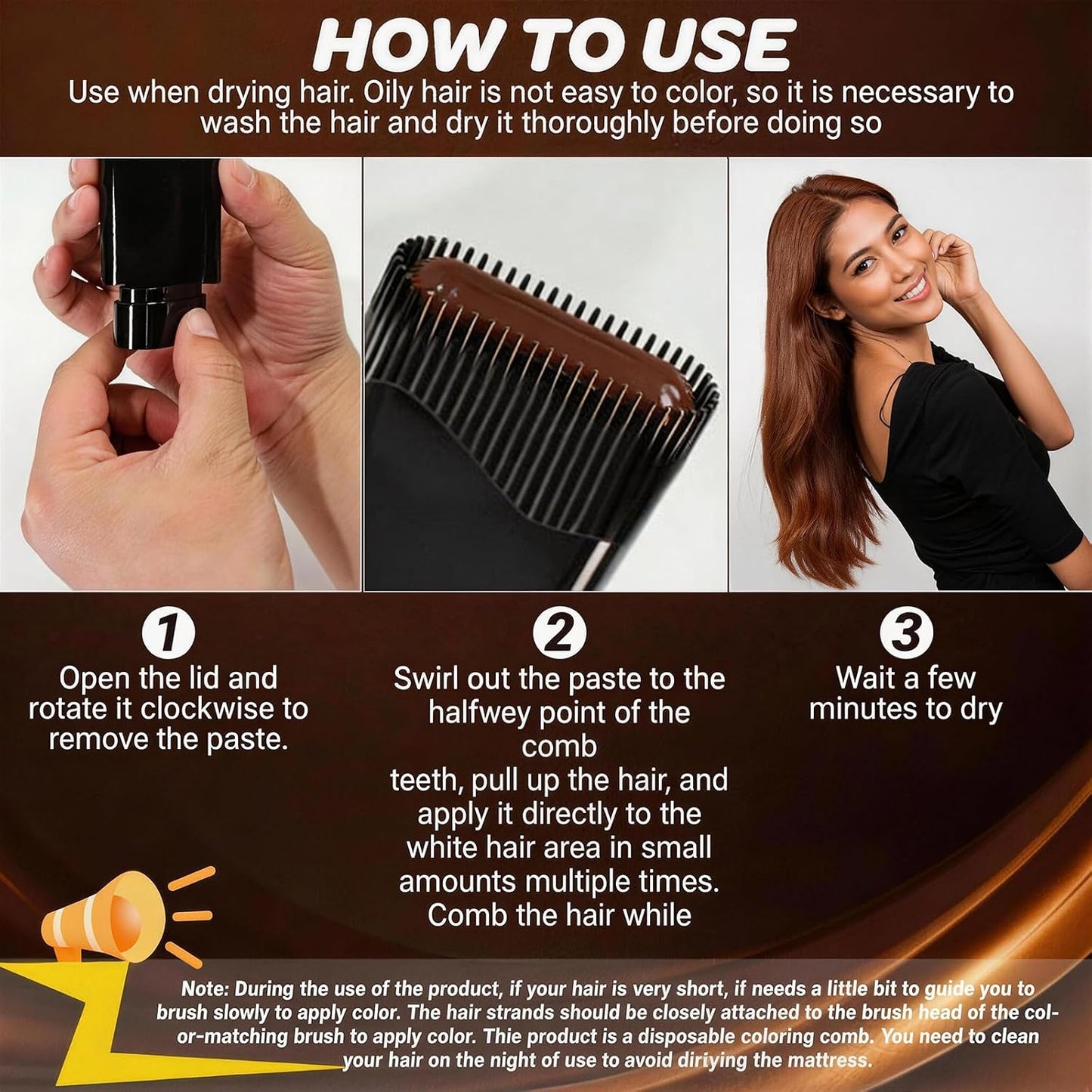 3PCS Temporary Hair Dye Comb, Waterproof Hair Color Stick, 2-In-1 Touch-Up Hair Colouring Combs for Women Men (Coffee)