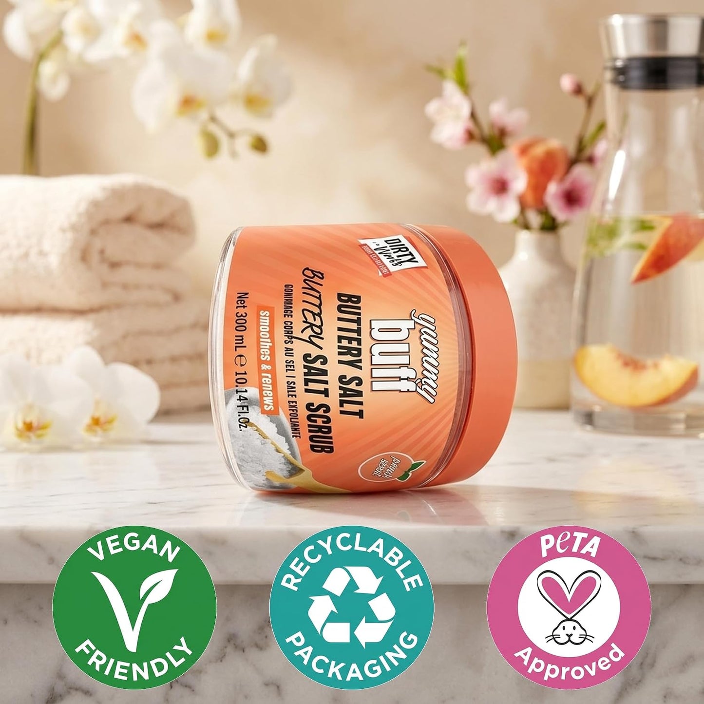 Dirty Works Yummy Buff Salt Scrub - Exfoliating Body Polish, Smoother Skin, Gentle Buffing, Deep Cleanse, Renewing, Luxurious Treat - 300ml