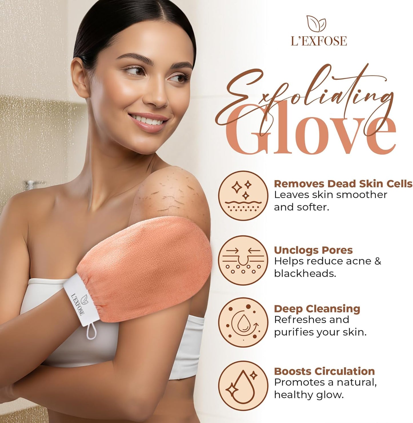 L'Exfose Kessa Hammam Deep Exfoliating Glove 2pc - Korean Exfoliating Mitt for Shower Ideal for Dead Skin Remover, Keratosis Pilaris &amp; Self-Tanning to Improve Skin Tone Made with 100% Natural Viscose