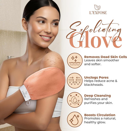 L'Exfose Kessa Hammam Deep Exfoliating Glove 2pc - Korean Exfoliating Mitt for Shower Ideal for Dead Skin Remover, Keratosis Pilaris &amp; Self-Tanning to Improve Skin Tone Made with 100% Natural Viscose