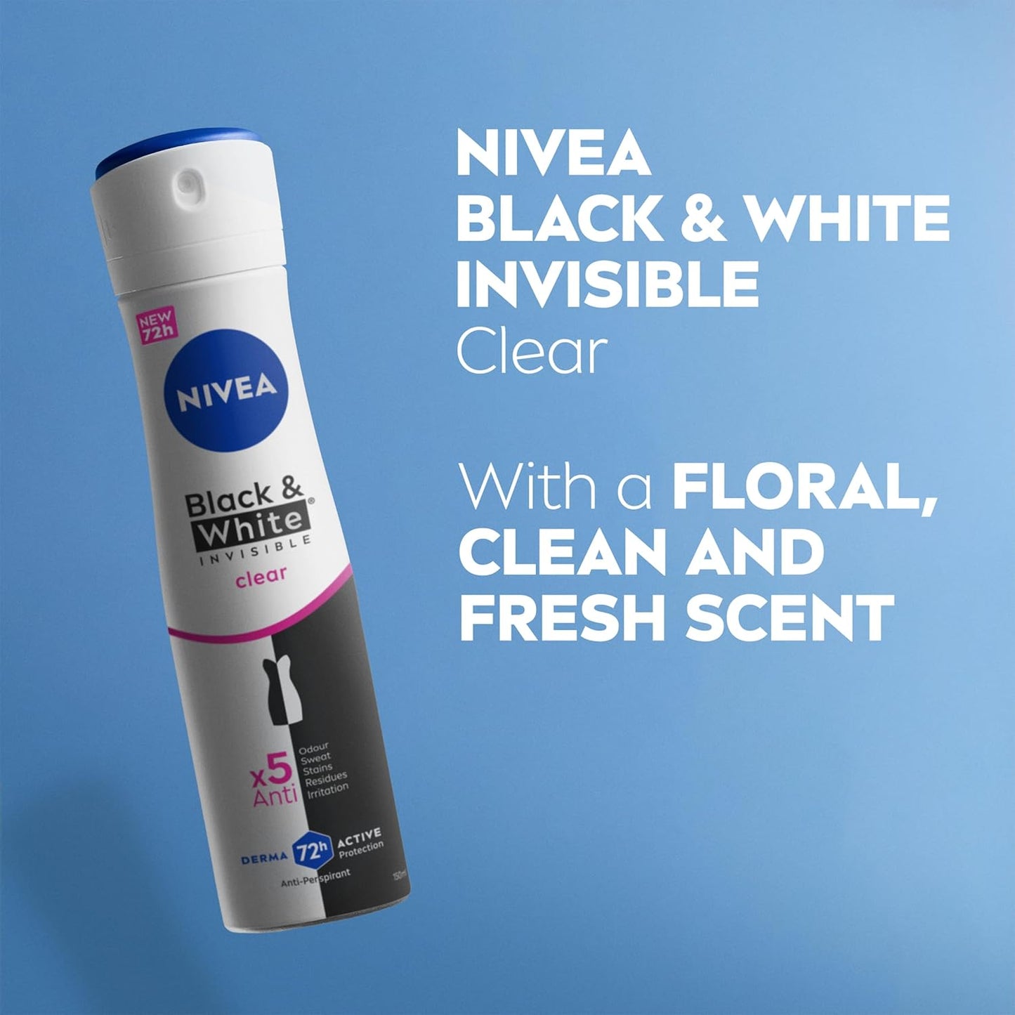 NIVEA Black &amp; White Invisible Anti-Perspirant Spray (150ml), 72hr Anti-Sweat Women's Deodorant Spray, No Stains on Black and White Clothes