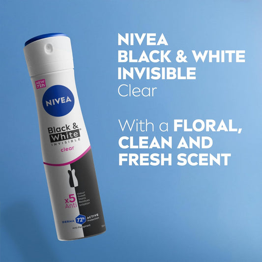 NIVEA Black &amp; White Invisible Anti-Perspirant Spray (150ml), 72hr Anti-Sweat Women's Deodorant Spray, No Stains on Black and White Clothes