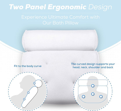 Luxury Bath Pillow Waterproof Air Mesh Bath Cushion with Suction Cups for Head and Neck | Ergonomic Bathtub Pillows Home Spa and Hot Tub Headrest | Bathing Accessories (Single) | White