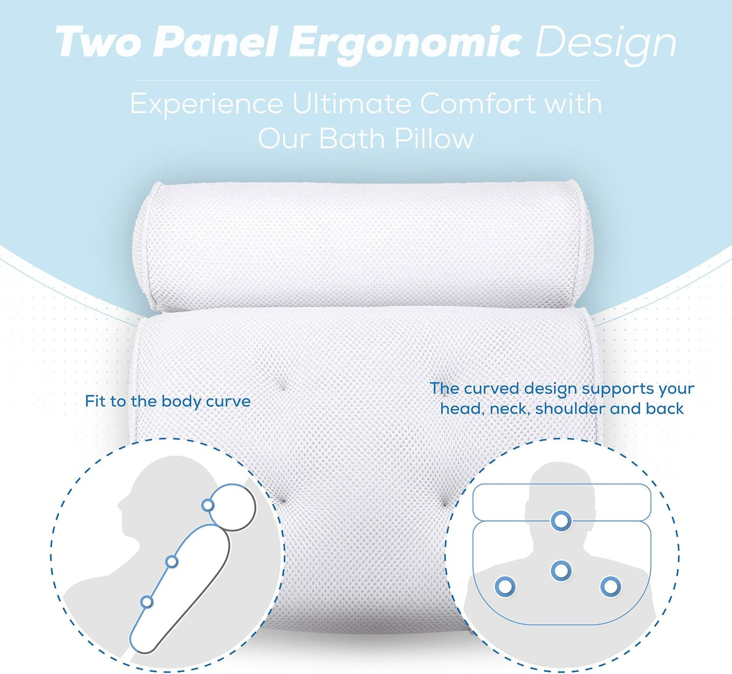 Luxury Bath Pillow Waterproof Air Mesh Bath Cushion With Suction Cups For Head And Neck | Ergonomic Bathtub Pillows Home Spa and Hot Tub Headrest | Bathing Accessories (Single)