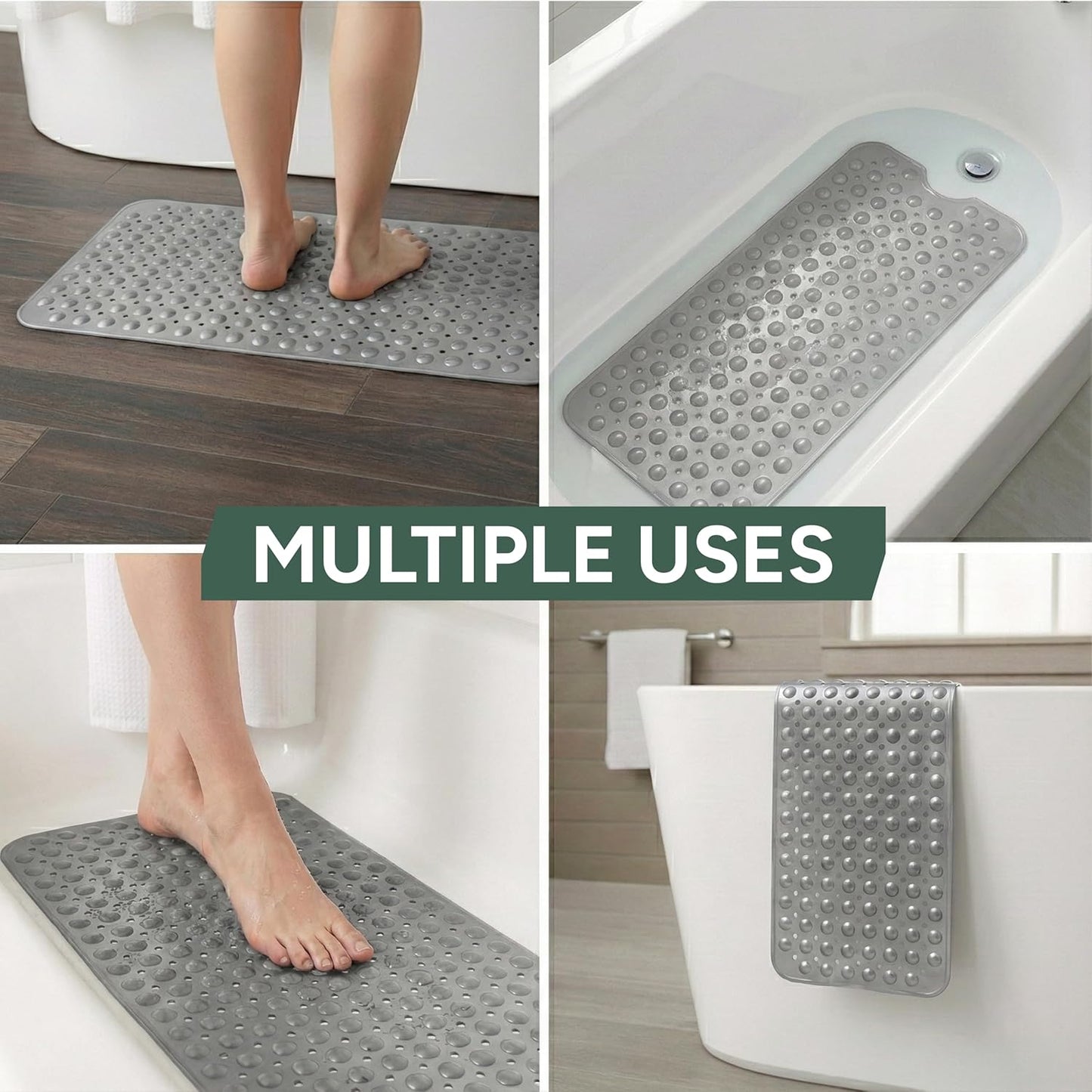 Zuvo Non-Slip Bath Mat for Inside Bath – Extra Long 100 x 40cm, Anti Mould, Machine Washable Shower Mat with Suction Cups &amp; Drain Holes – Safe for Kids &amp; Elderly (Grey)