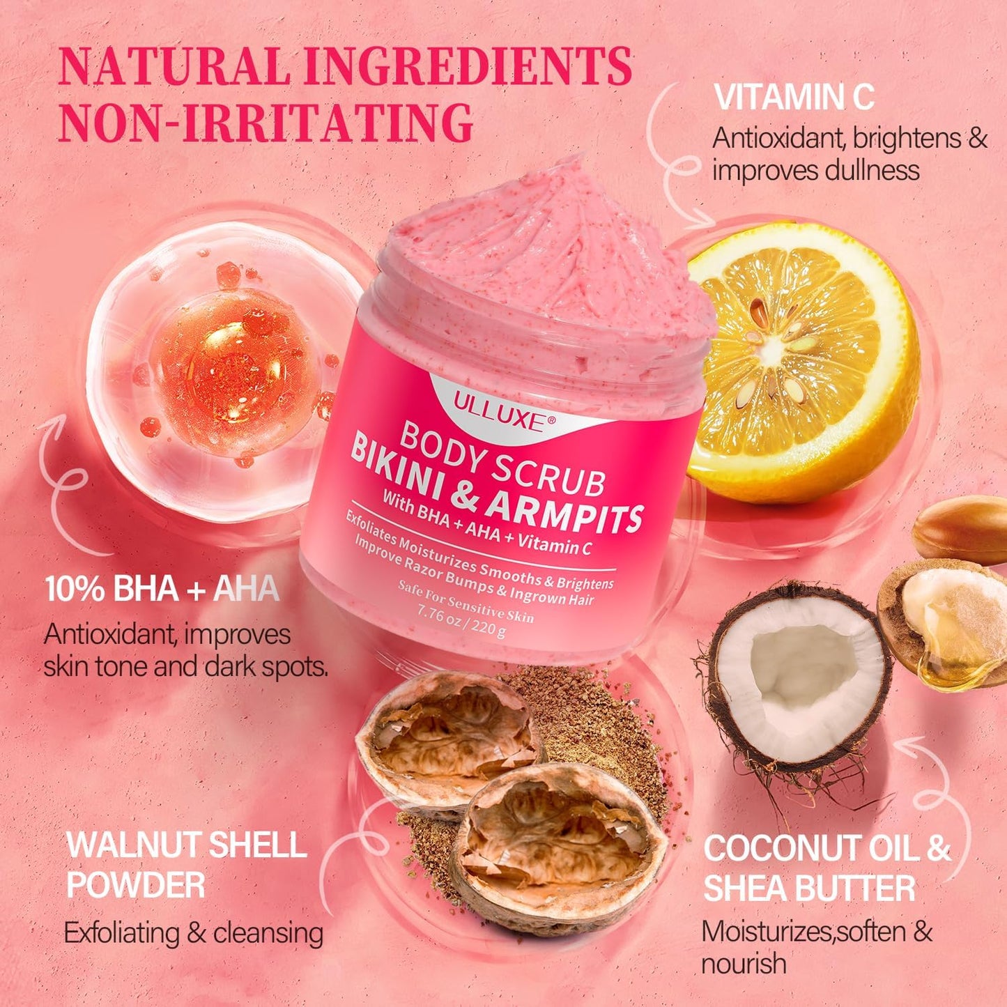 Bikini Exfoliating Scrub with 10% AHA + BHA &amp; Vitamin C, Exfoliating Body Scrub for Ingrown Hair and Underarm Bumps, Dark Spots, Moisturize Brighten Soothe &amp; Even Skin Tone, Sensitive Skin Safe,220g
