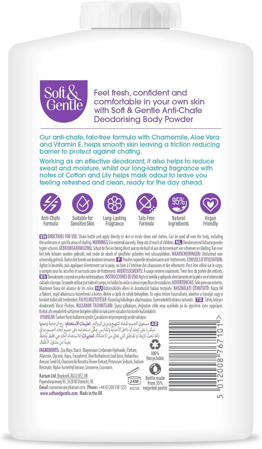 SOFT &amp; GENTLE Fresh Cotton Talc Free Cotton Body Powder 250g, Deodorising Personal Hygiene Against Moisture, Friction &amp; Odour, Prevent Smudging After Self-Tanning &amp; Facial Makeup, Baby Powder