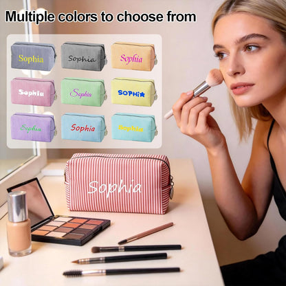 Personalised Stripe Makeup Bag, Custom Embroidered Name Cosmetic Bag, Portable Travel Toiletry Bag, Monogrammed Wash Bag, Gift for Women Bridesmaid Birthday Mother's Day (Pink)