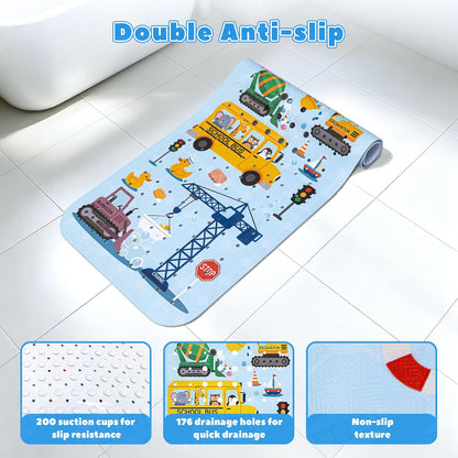 UNEEDE Baby Bath Mat Non Slip - 100x40cm Extra Long Kids Bathtub Mat with 200+ Suction Cups, Construction Vehicles Excavator Pattern, Soft Shower Mat for Toddlers &amp; Boys, Blue